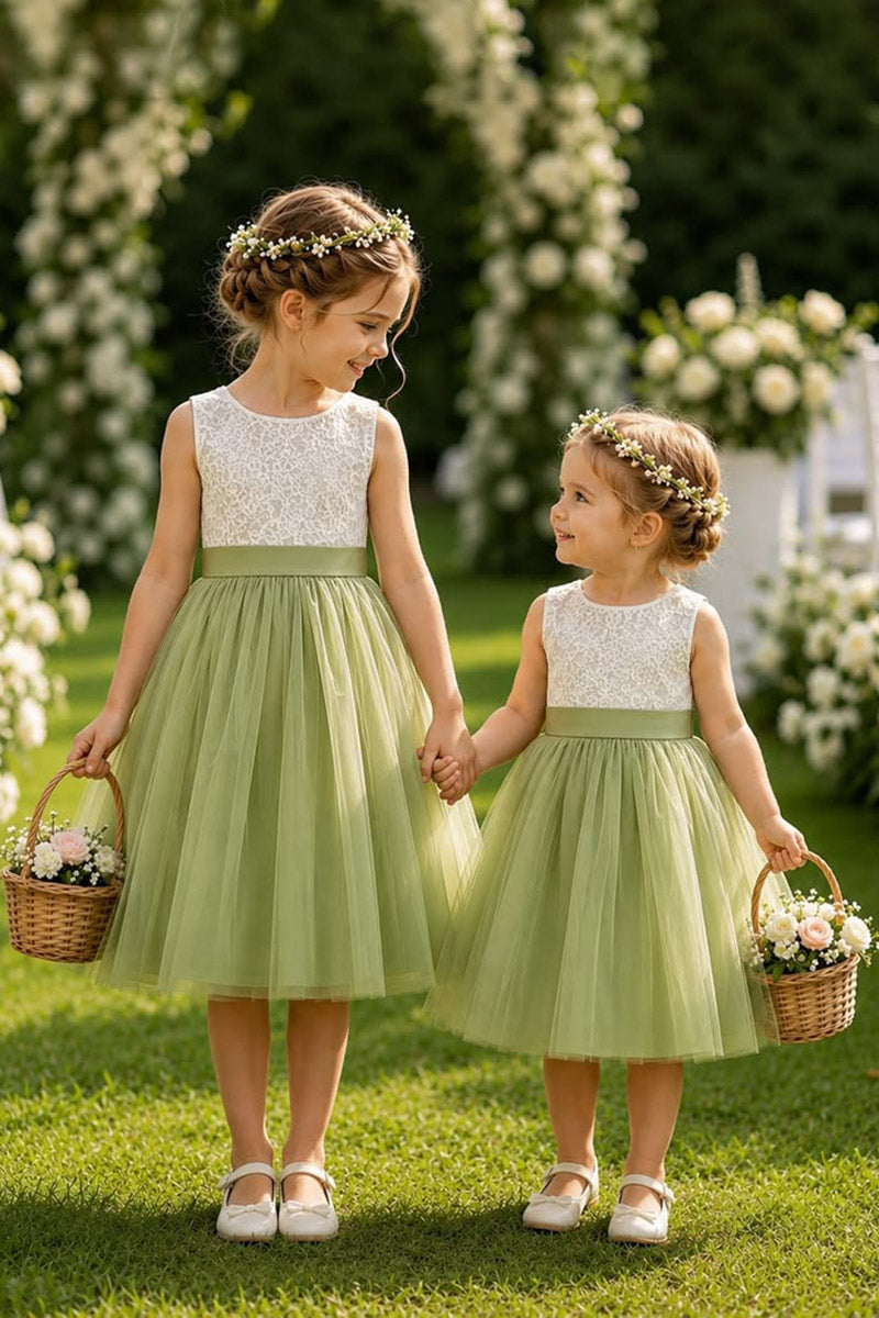 Girls Green Tulle Lace Flower Girl Dress for Garden Weddings with Satin Waistband