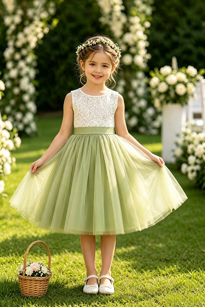 Girls Green Tulle Lace Flower Girl Dress for Garden Weddings with Satin Waistband