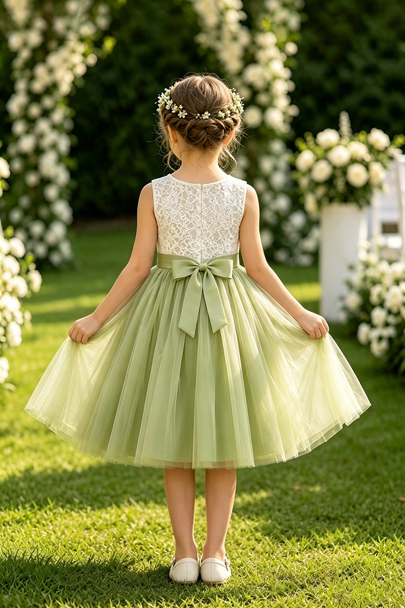 Girls Green Tulle Lace Flower Girl Dress for Garden Weddings with Satin Waistband