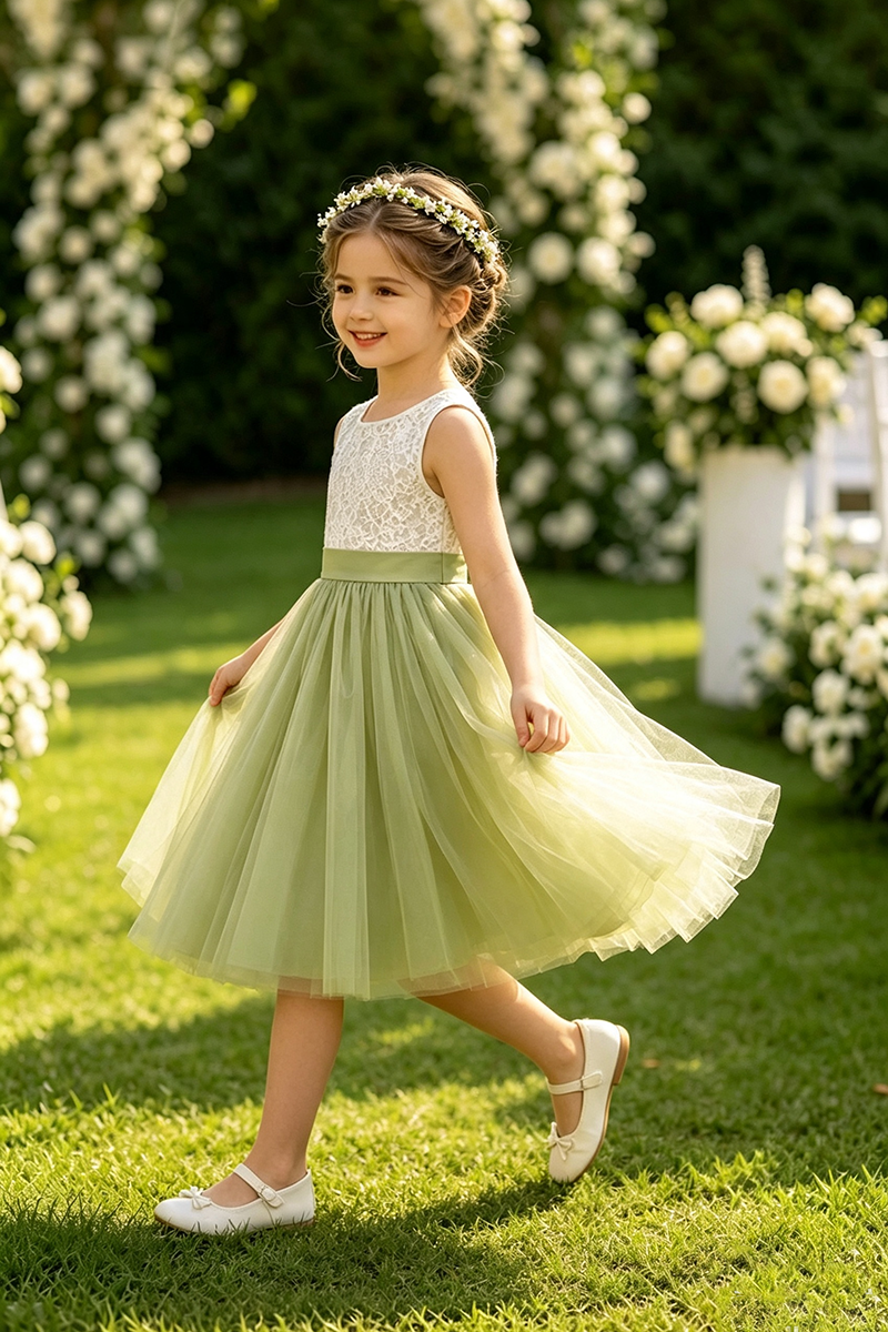 Girls Green Tulle Lace Flower Girl Dress for Garden Weddings with Satin Waistband