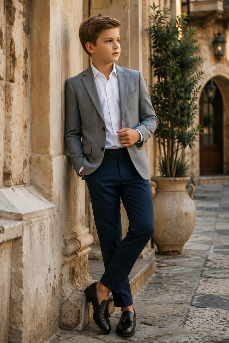 Boys Grey Blazer and Navy Trousers 2-Piece Suit for Weddings