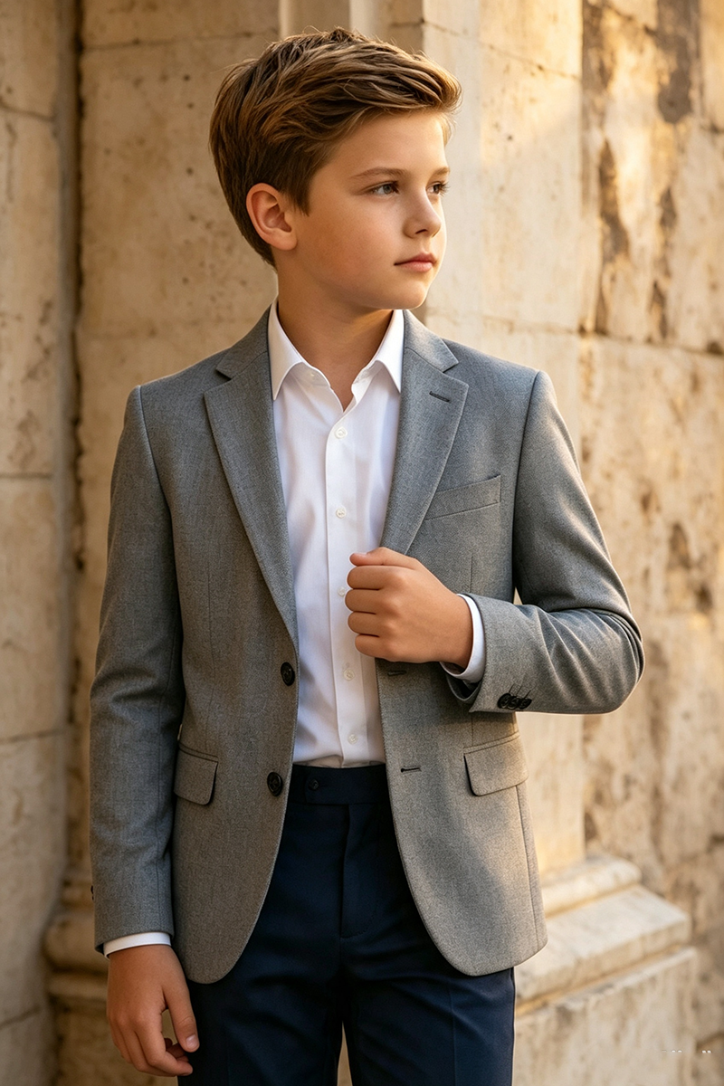 Boys Grey Blazer and Navy Trousers 2-Piece Suit for Weddings