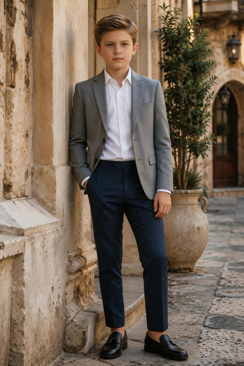 Boys Grey Blazer and Navy Trousers 2-Piece Suit for Weddings