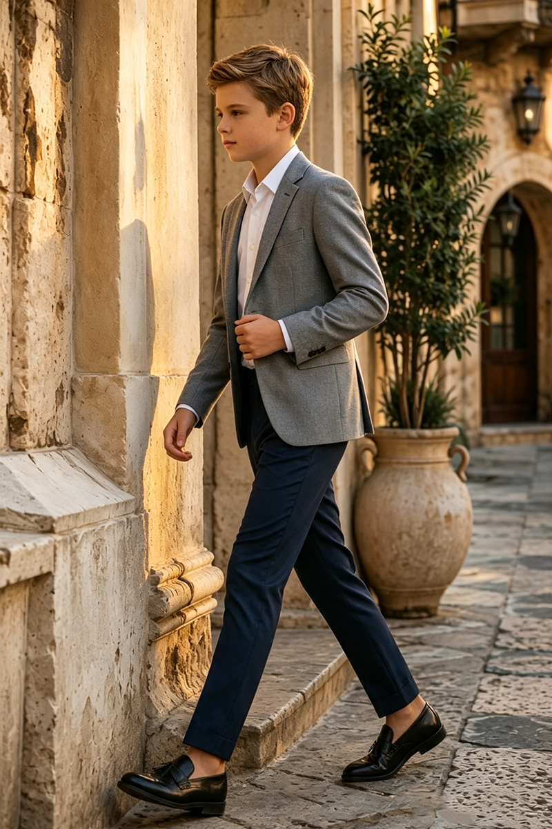 Boys Grey Blazer and Navy Trousers 2-Piece Suit for Weddings