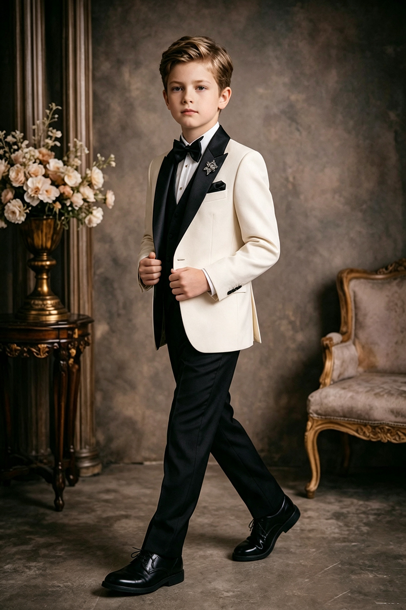 Boys Cream Shawl Lapel Tuxedo  3-Piece Suit for Wedding