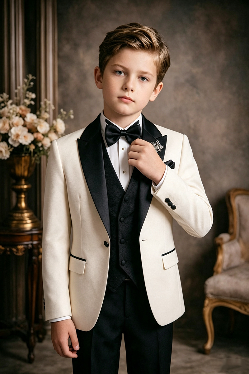 Boys Cream Shawl Lapel Tuxedo  3-Piece Suit for Wedding