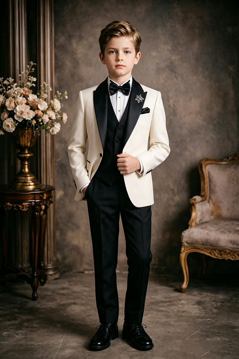 Boys Cream Shawl Lapel Tuxedo  3-Piece Suit for Wedding