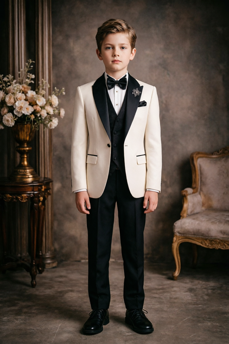 Boys Cream Shawl Lapel Tuxedo  3-Piece Suit for Wedding
