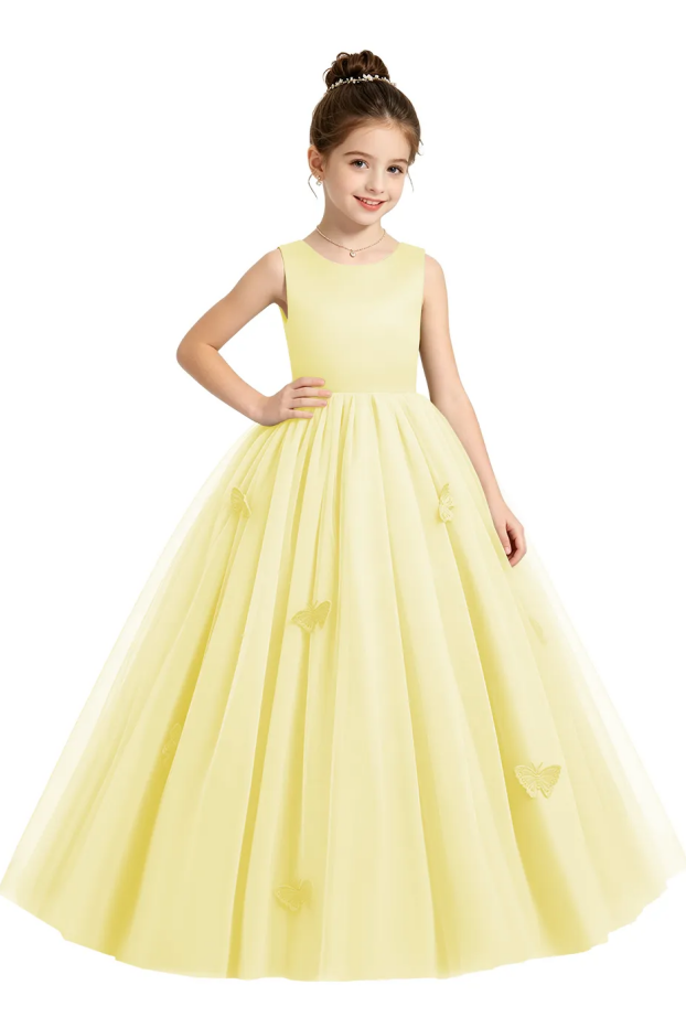 Sage Green Satin Tulle 3D Butterfly Appliques Flower Girl Dress