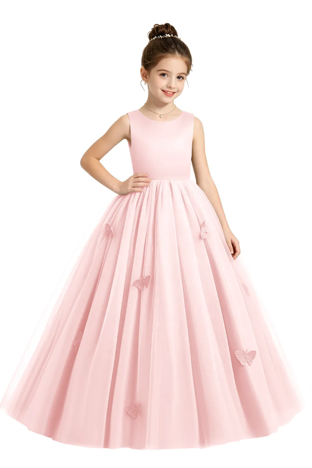 Sage Green Satin Tulle 3D Butterfly Appliques Flower Girl Dress