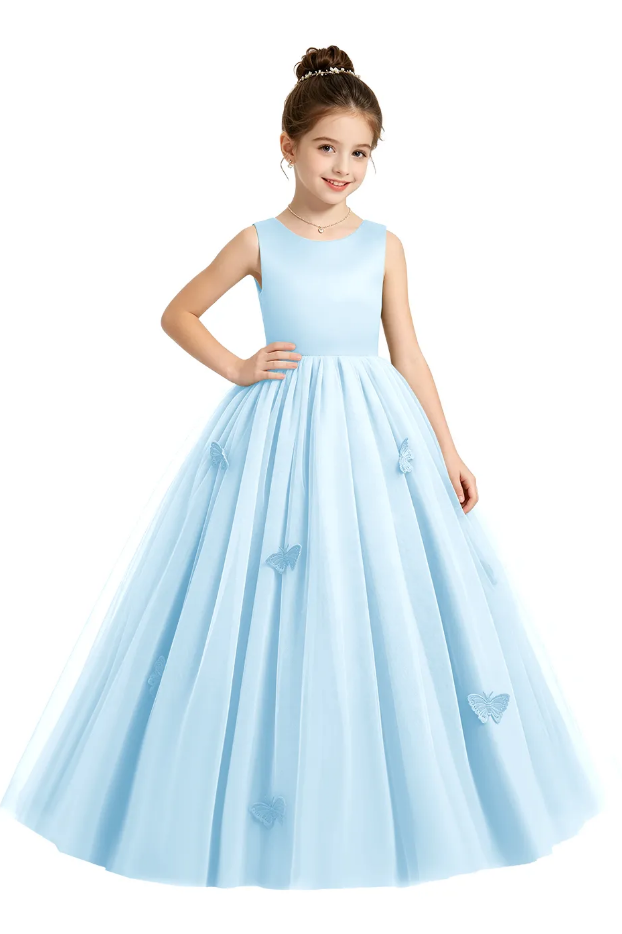 Sage Green Satin Tulle 3D Butterfly Appliques Flower Girl Dress