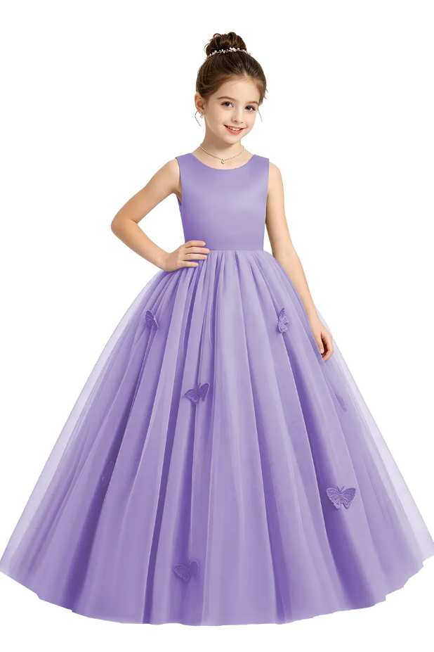 Sage Green Satin Tulle 3D Butterfly Appliques Flower Girl Dress