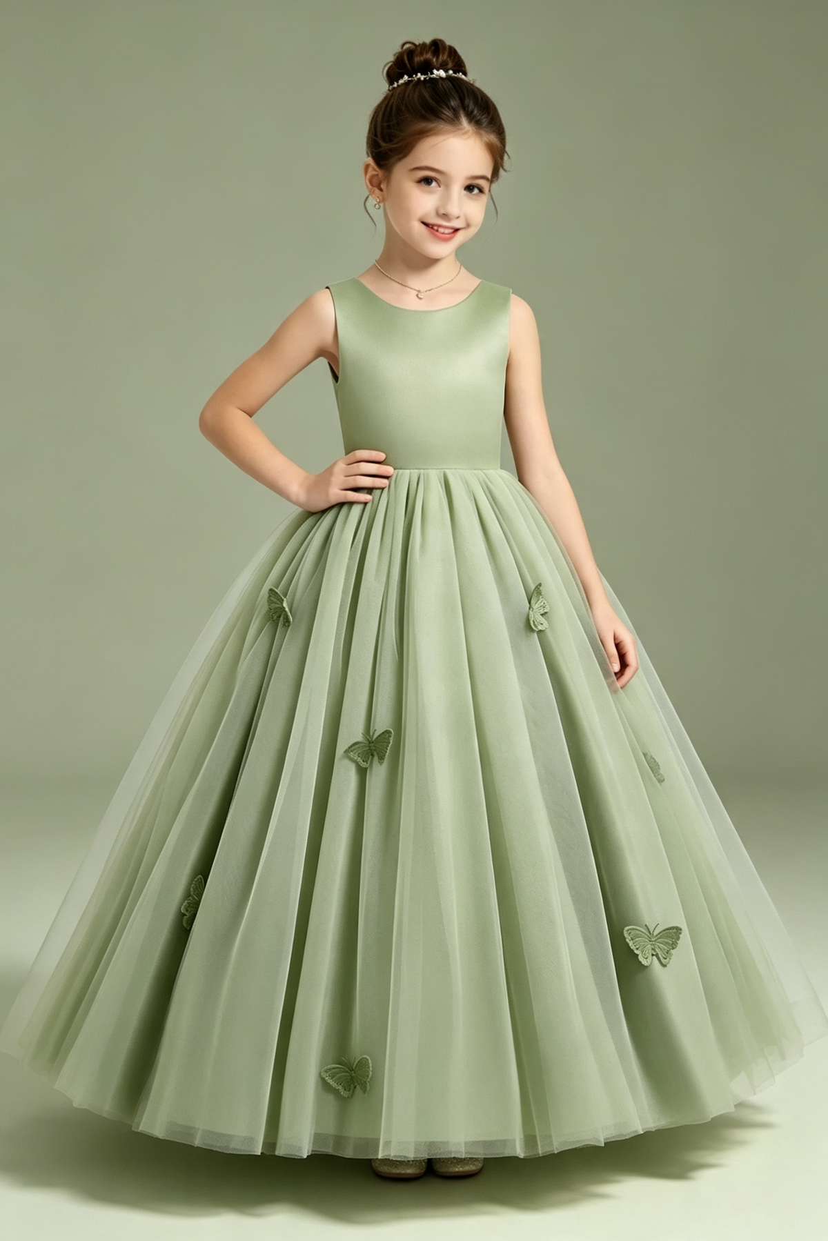 Sage Green Satin Tulle 3D Butterfly Appliques Flower Girl Dress