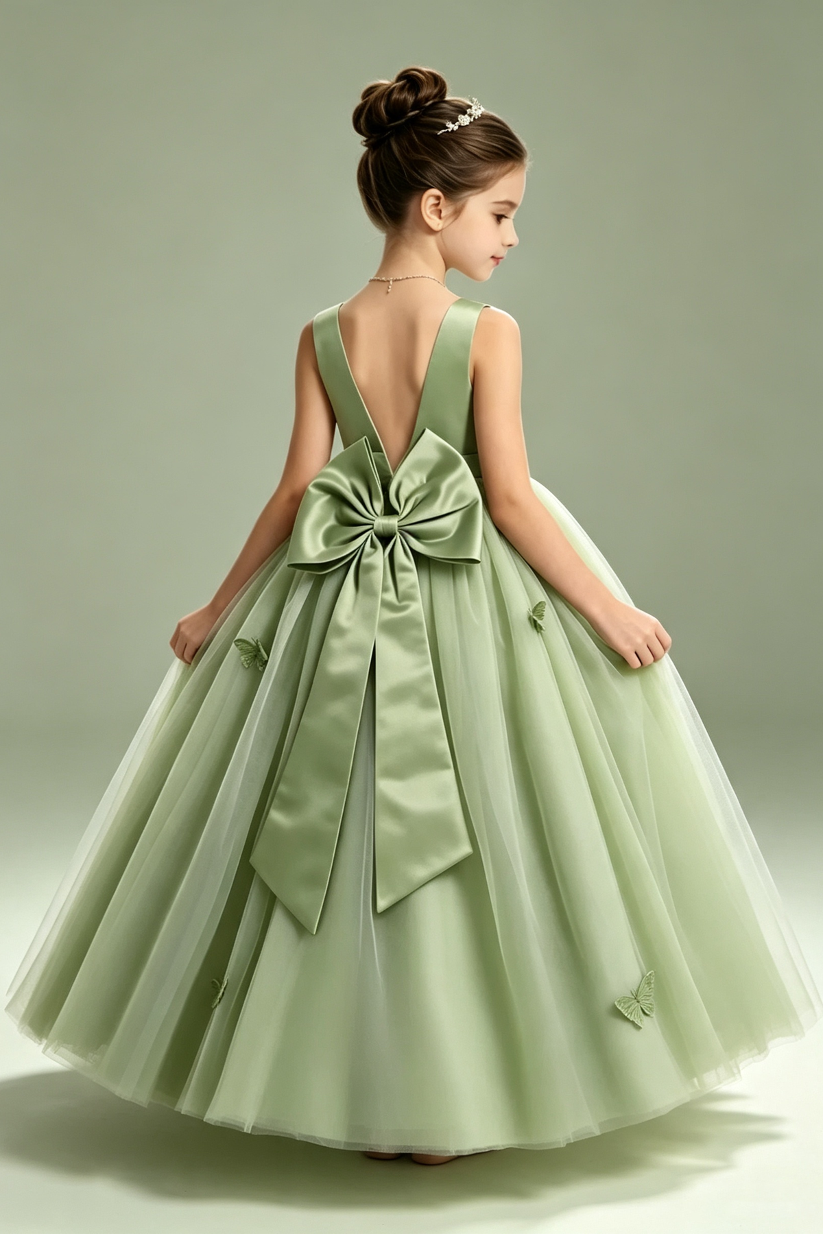 Sage Green Satin Tulle 3D Butterfly Appliques Flower Girl Dress