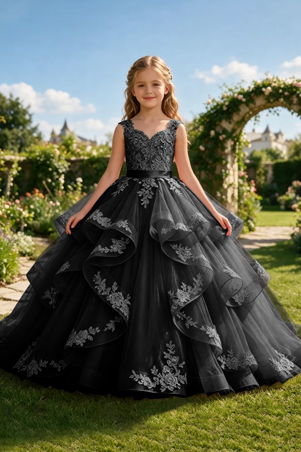 Pink Lace Embroidery Layered Tulle Wedding Princess Flower Girl Dress