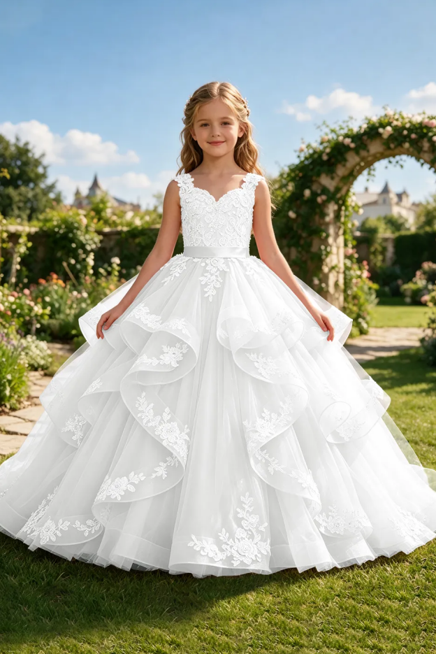 Pink Lace Embroidery Layered Tulle Wedding Princess Flower Girl Dress