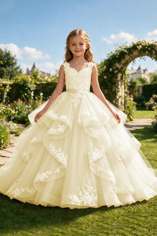 Pink Lace Embroidery Layered Tulle Wedding Princess Flower Girl Dress