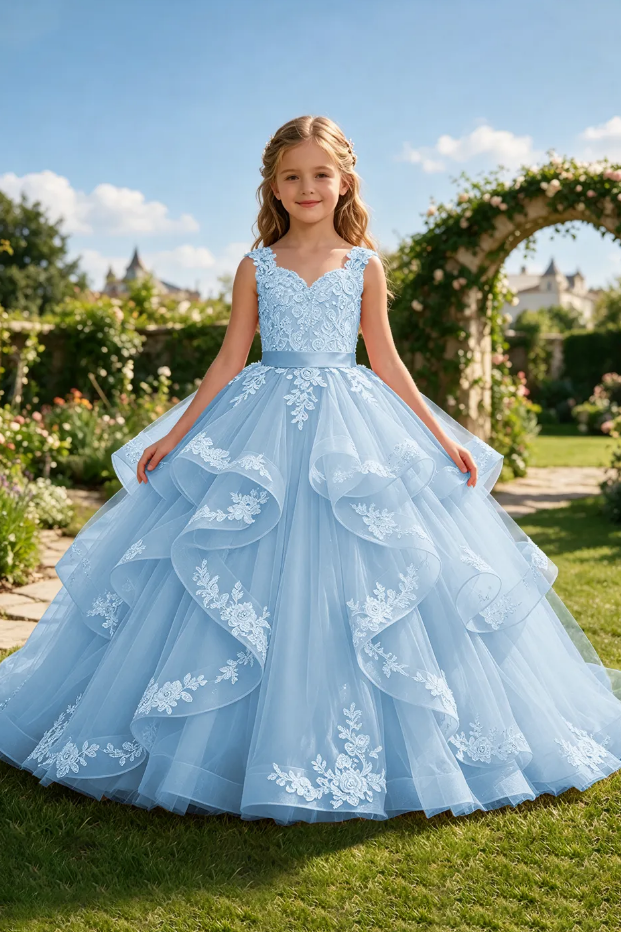Pink Lace Embroidery Layered Tulle Wedding Princess Flower Girl Dress