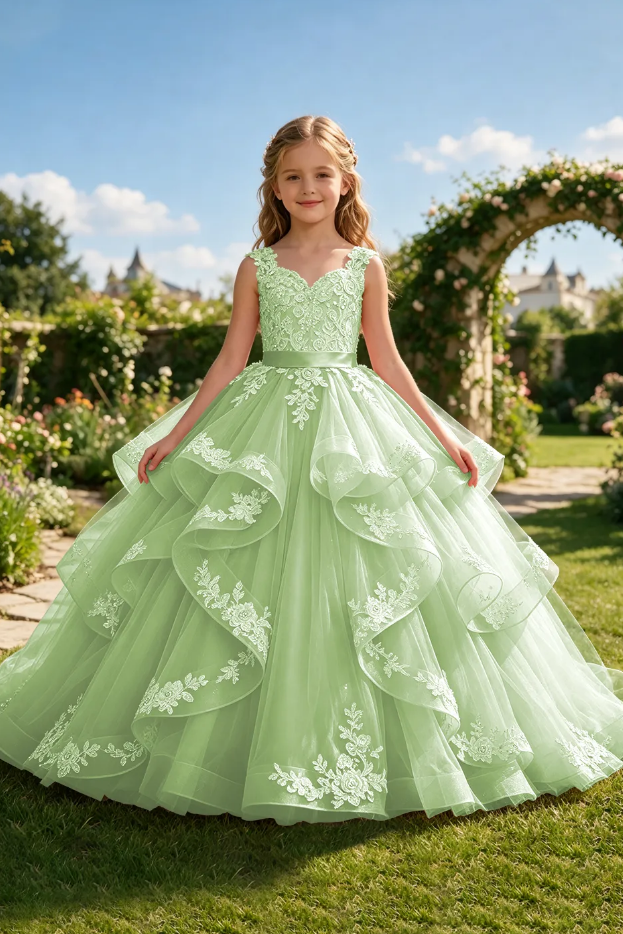 Pink Lace Embroidery Layered Tulle Wedding Princess Flower Girl Dress