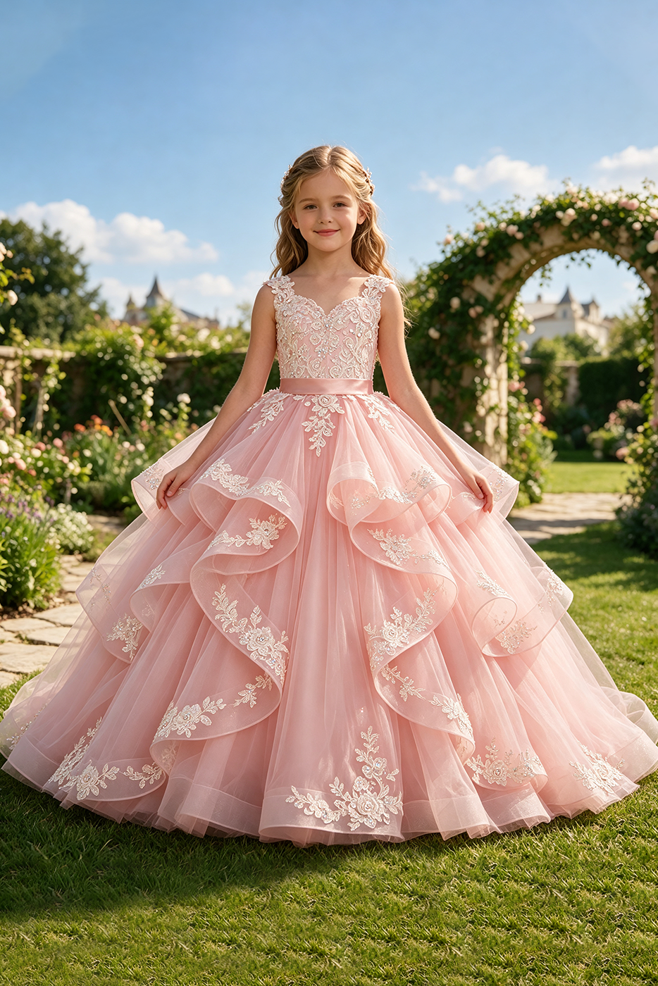 Pink Lace Embroidery Layered Tulle Wedding Princess Flower Girl Dress
