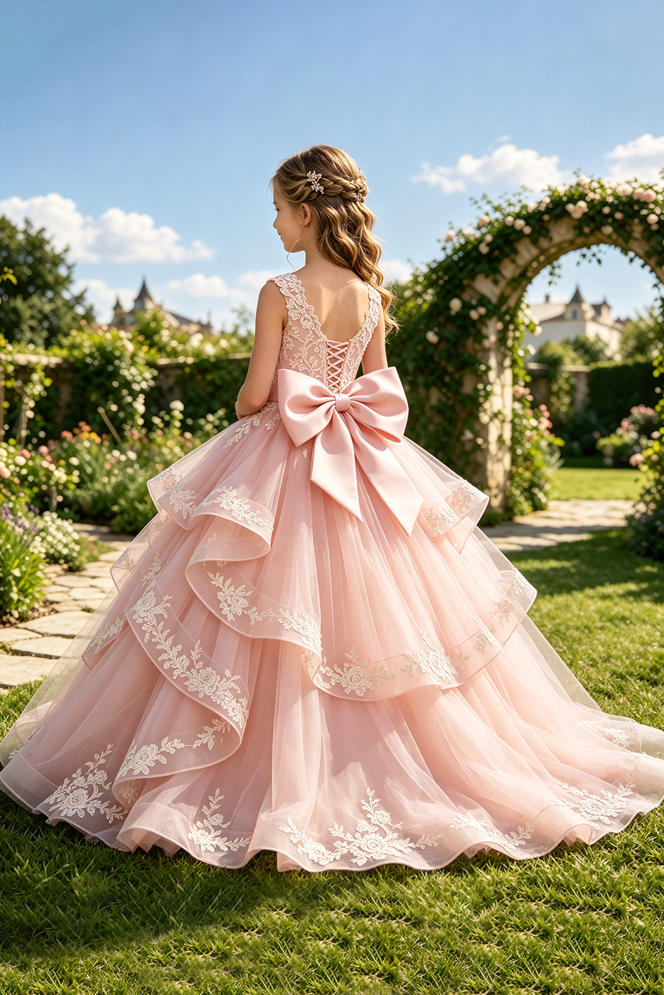 Pink Lace Embroidery Layered Tulle Wedding Princess Flower Girl Dress