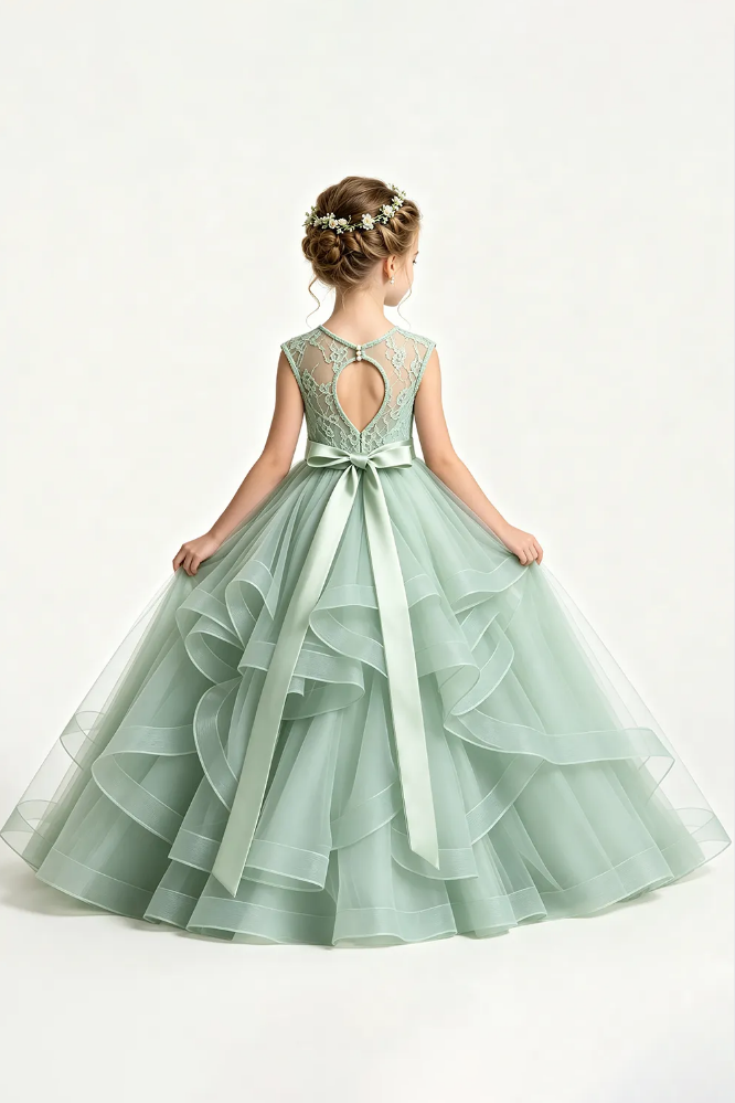 Sage Green Round Neck Lace Tulle Satin Bow Flower Girl Dress