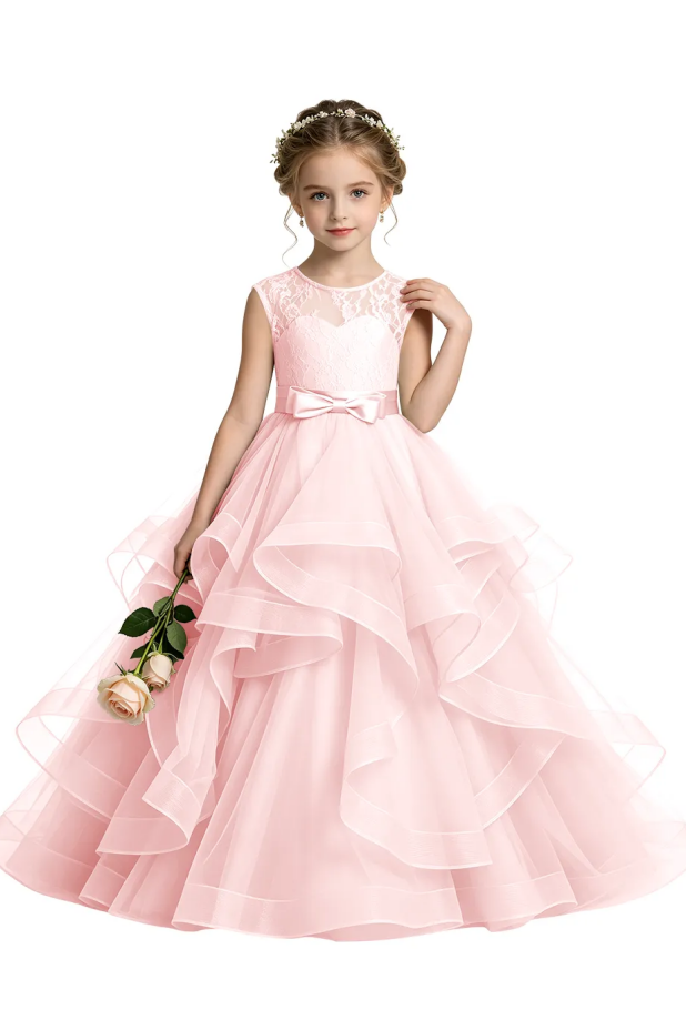 Sage Green Round Neck Lace Tulle Satin Bow Flower Girl Dress