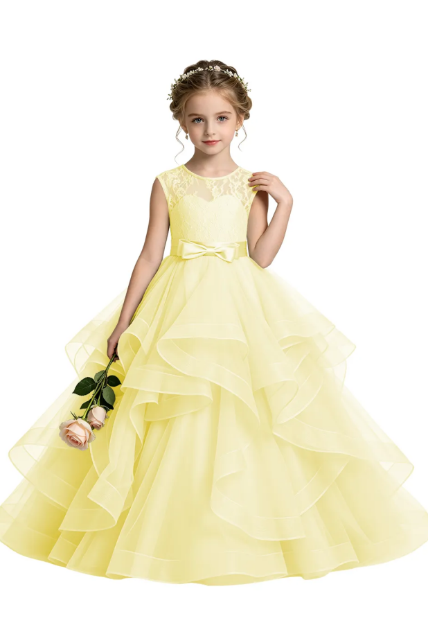 Sage Green Round Neck Lace Tulle Satin Bow Flower Girl Dress