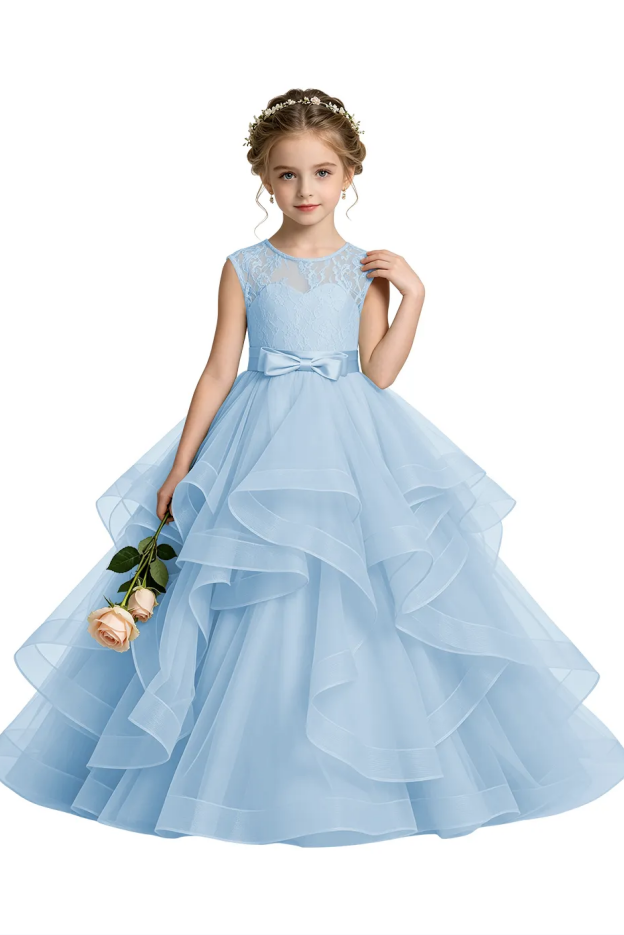 Sage Green Round Neck Lace Tulle Satin Bow Flower Girl Dress