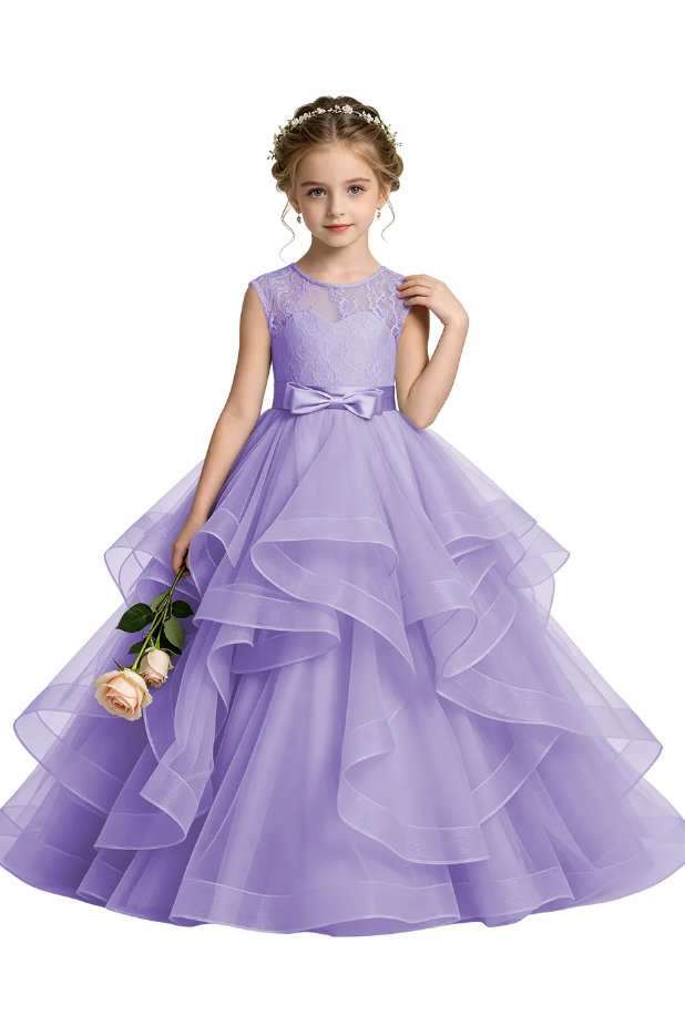 Sage Green Round Neck Lace Tulle Satin Bow Flower Girl Dress