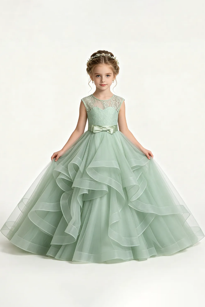 Sage Green Round Neck Lace Tulle Satin Bow Flower Girl Dress