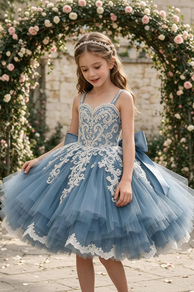 Dusty Blue Spaghetti Strap Lace Large Satin Bow Flower Girl Dress