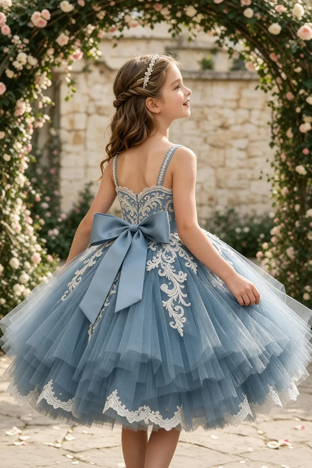 Dusty Blue Spaghetti Strap Lace Large Satin Bow Flower Girl Dress