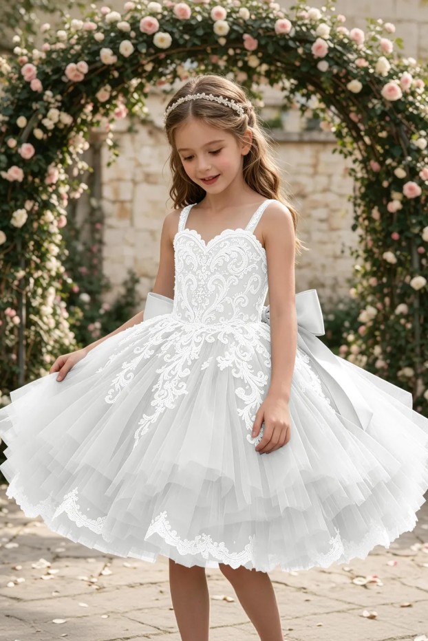 Dusty Blue Spaghetti Strap Lace Large Satin Bow Flower Girl Dress