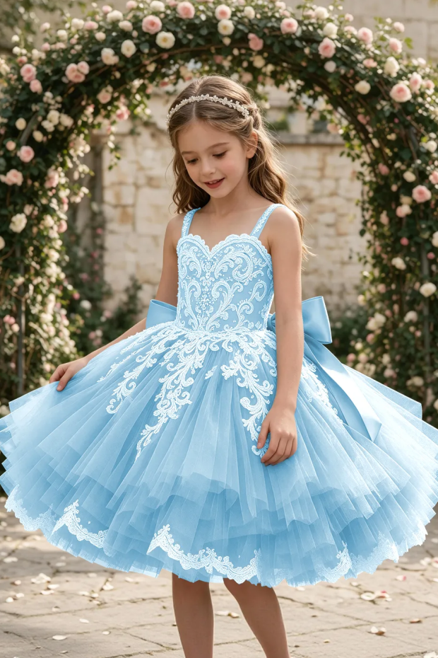 Dusty Blue Spaghetti Strap Lace Large Satin Bow Flower Girl Dress