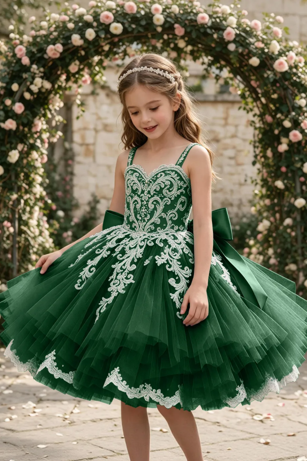 Dusty Blue Spaghetti Strap Lace Large Satin Bow Flower Girl Dress