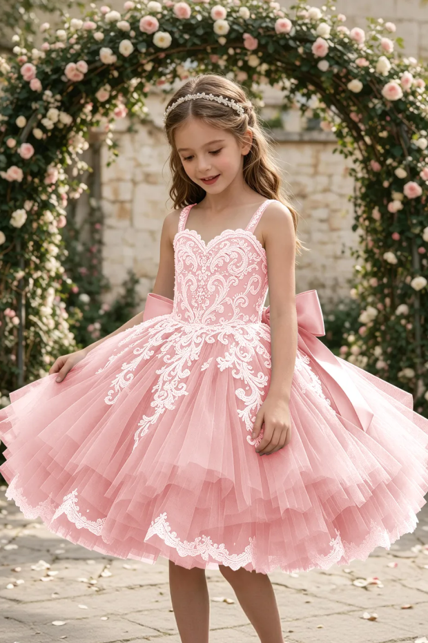 Dusty Blue Spaghetti Strap Lace Large Satin Bow Flower Girl Dress
