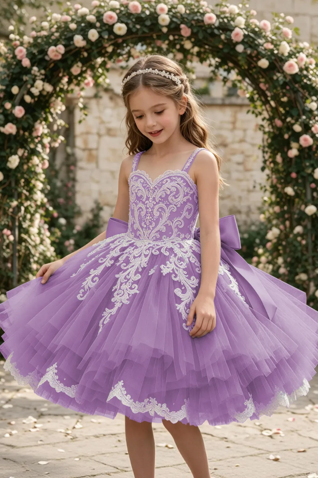Dusty Blue Spaghetti Strap Lace Large Satin Bow Flower Girl Dress