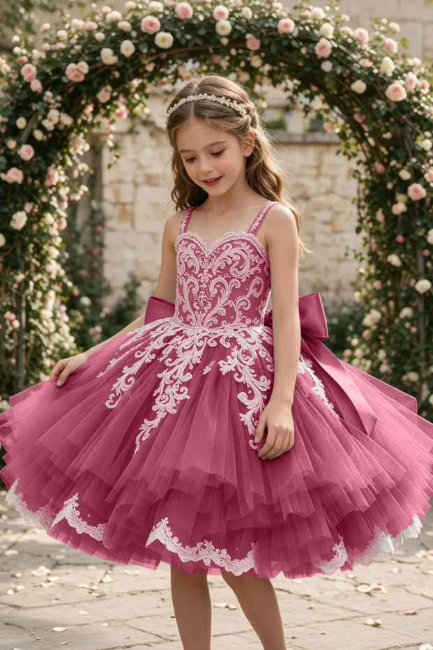 Dusty Blue Spaghetti Strap Lace Large Satin Bow Flower Girl Dress