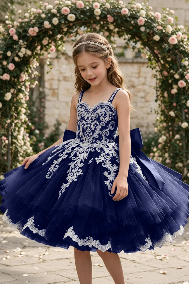 Dusty Blue Spaghetti Strap Lace Large Satin Bow Flower Girl Dress