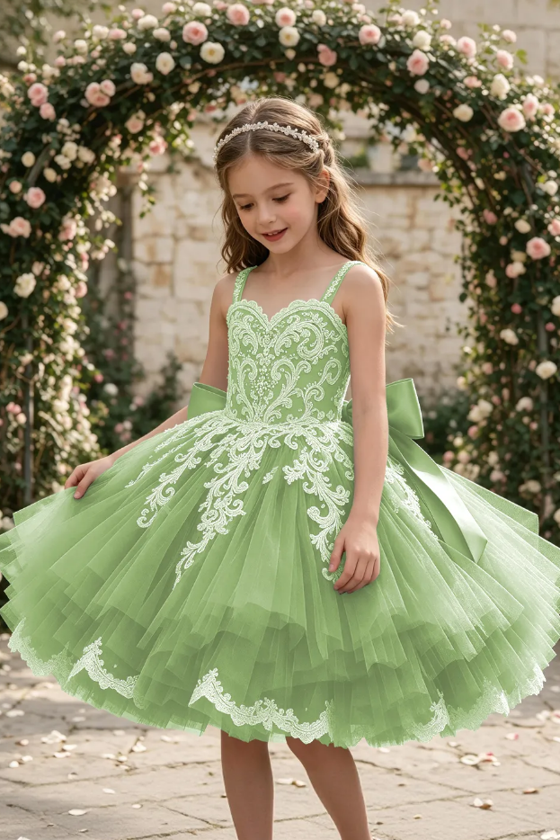 Dusty Blue Spaghetti Strap Lace Large Satin Bow Flower Girl Dress