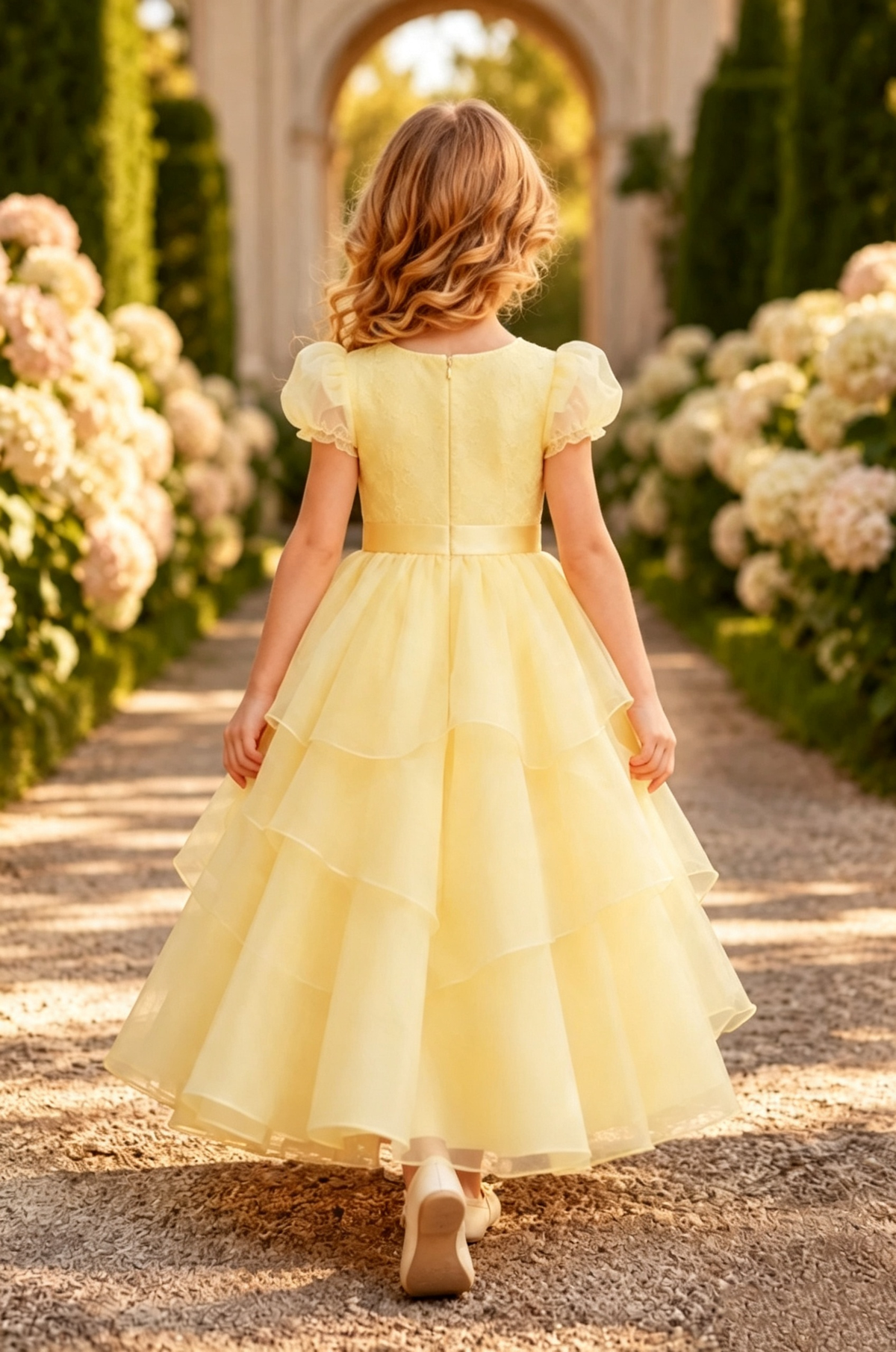 Pale Yellow Round Neck Puff Sleeve Organza Lace Flower Girl Dress