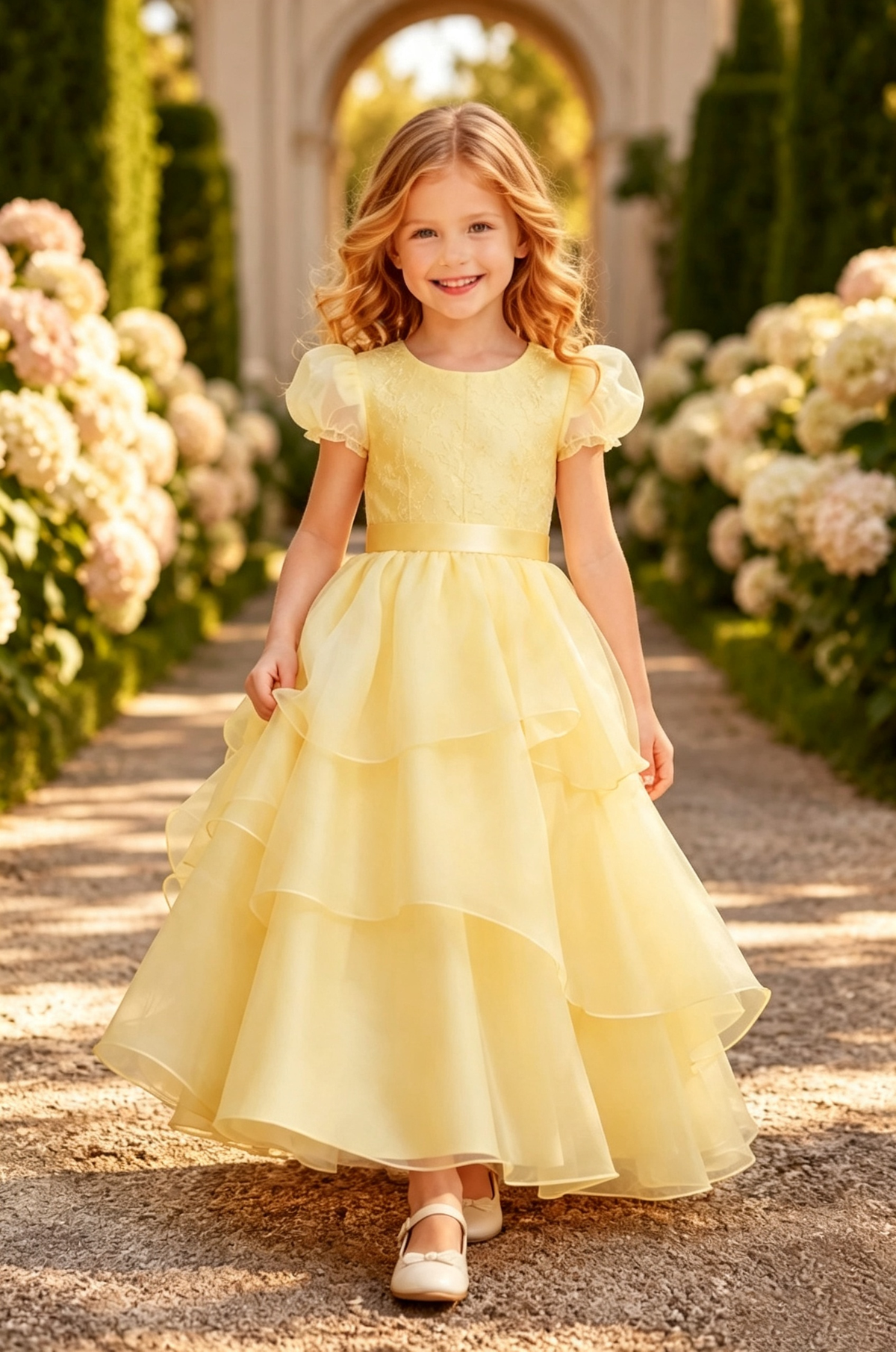 Pale Yellow Round Neck Puff Sleeve Organza Lace Flower Girl Dress