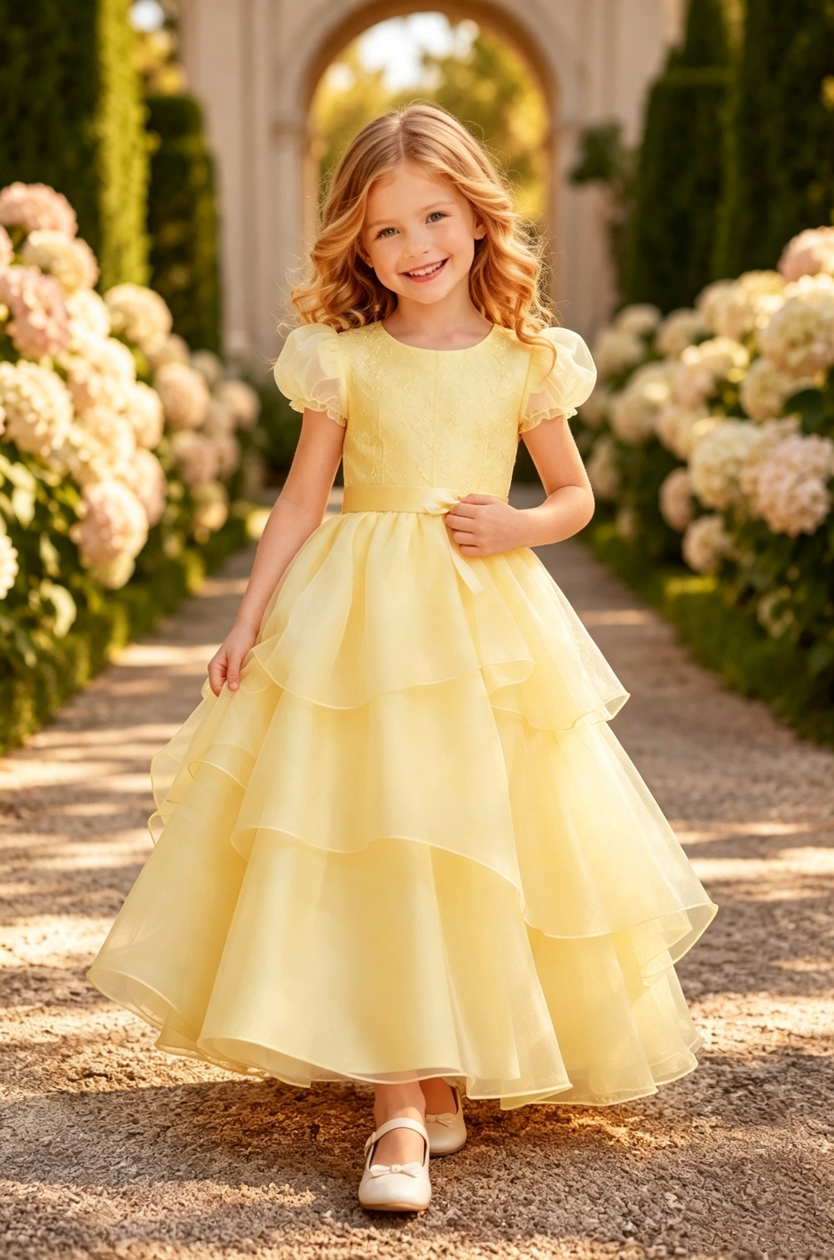 Pale Yellow Round Neck Puff Sleeve Organza Lace Flower Girl Dress