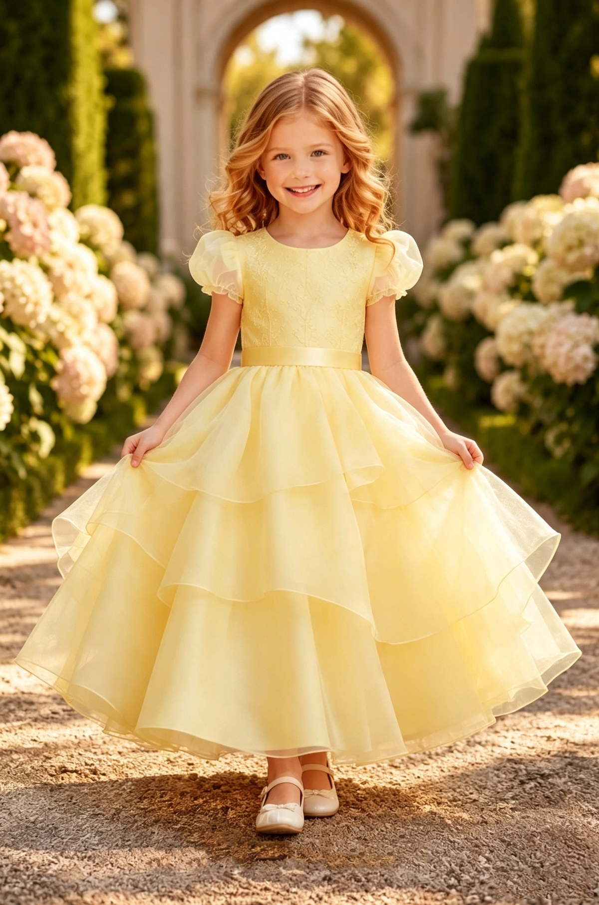 Pale Yellow Round Neck Puff Sleeve Organza Lace Flower Girl Dress