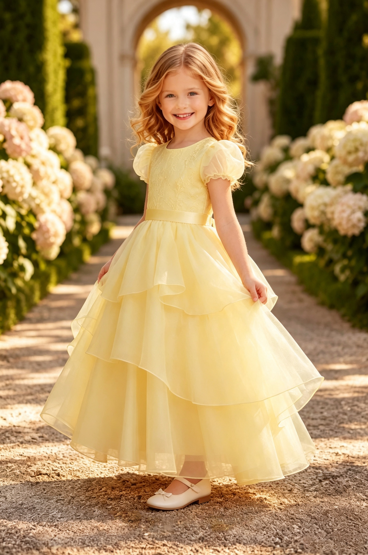 Pale Yellow Round Neck Puff Sleeve Organza Lace Flower Girl Dress