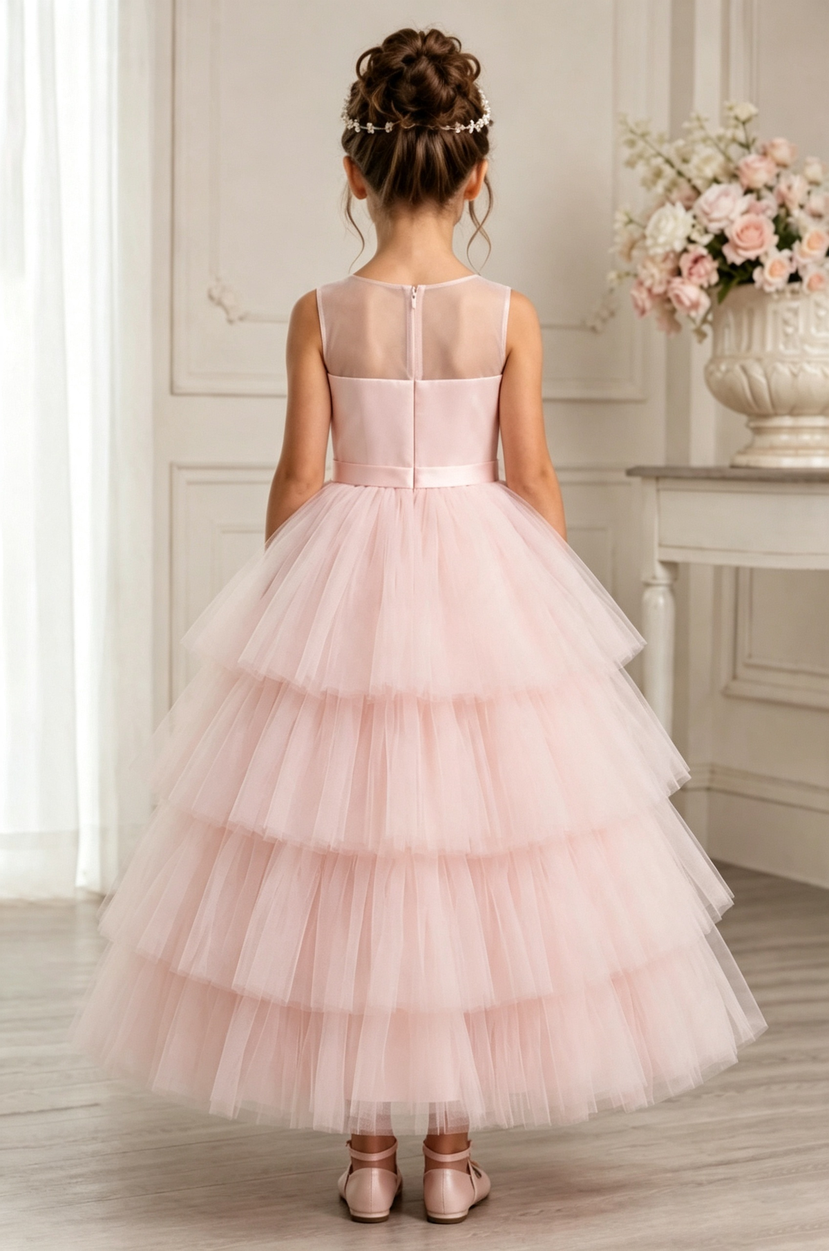 Pink Satin Tulle Tiered Cake Waist Bow Flower Girl Dress