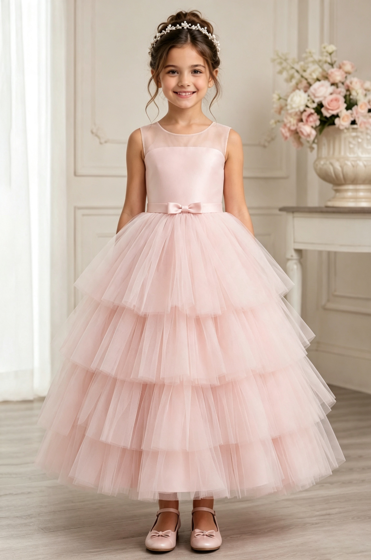 Pink Satin Tulle Tiered Cake Waist Bow Flower Girl Dress