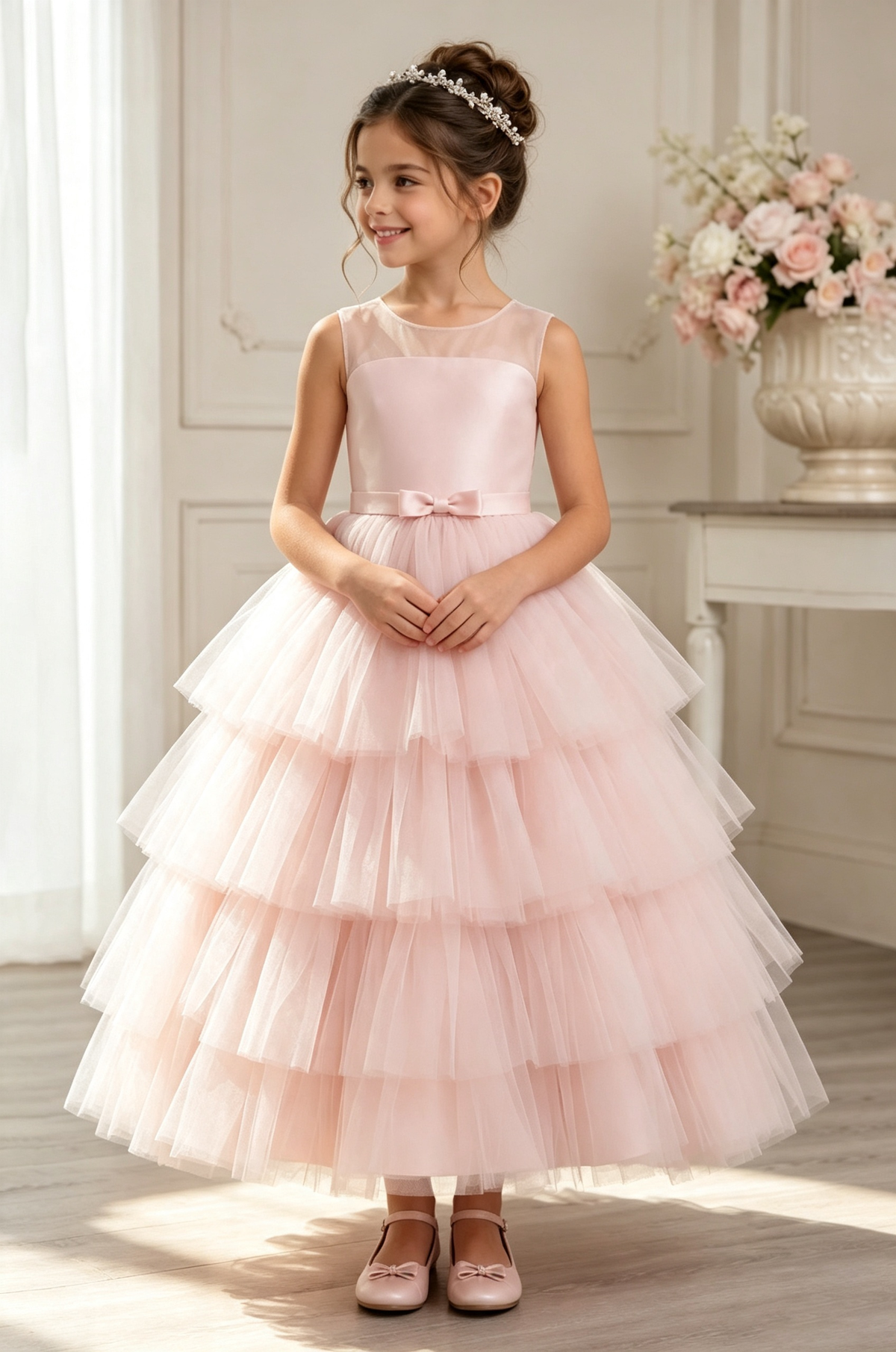 Pink Satin Tulle Tiered Cake Waist Bow Flower Girl Dress