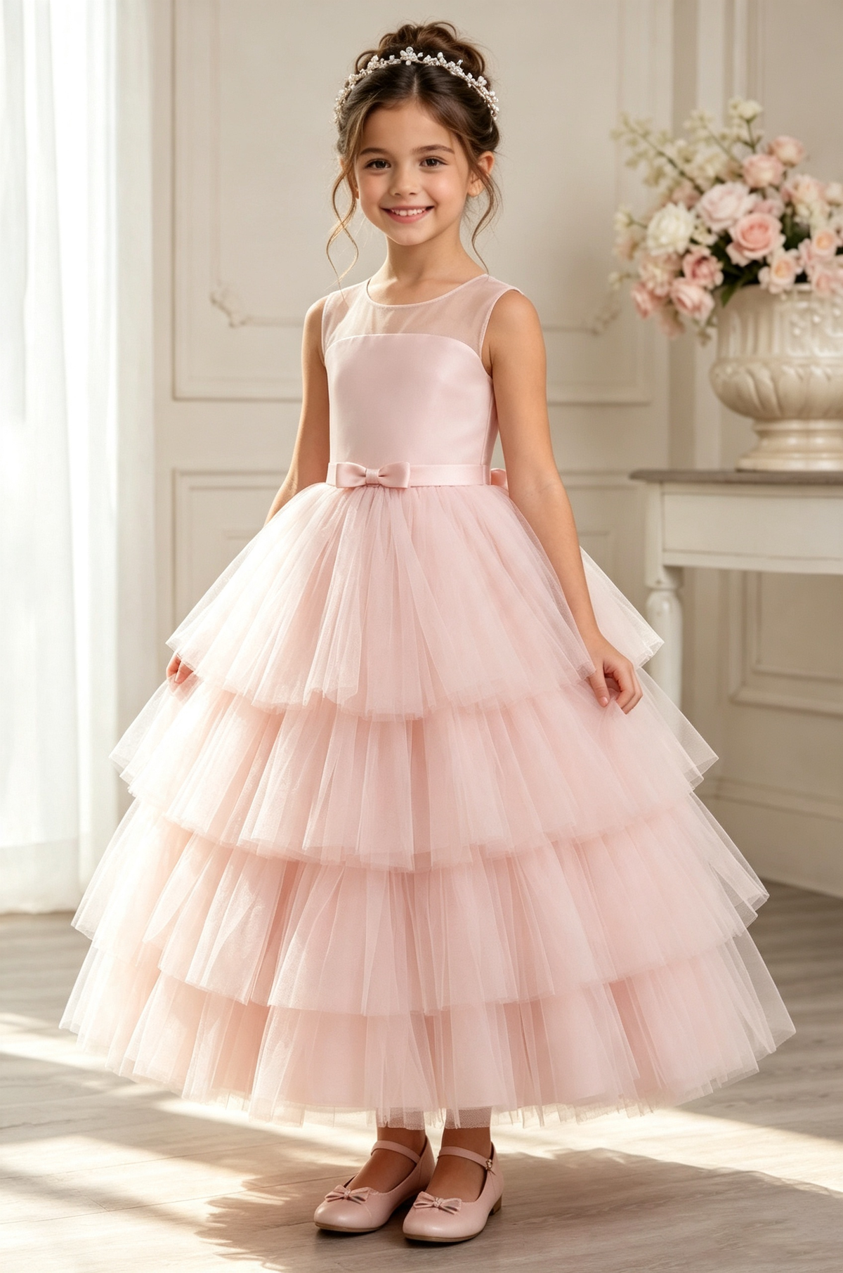 Pink Satin Tulle Tiered Cake Waist Bow Flower Girl Dress